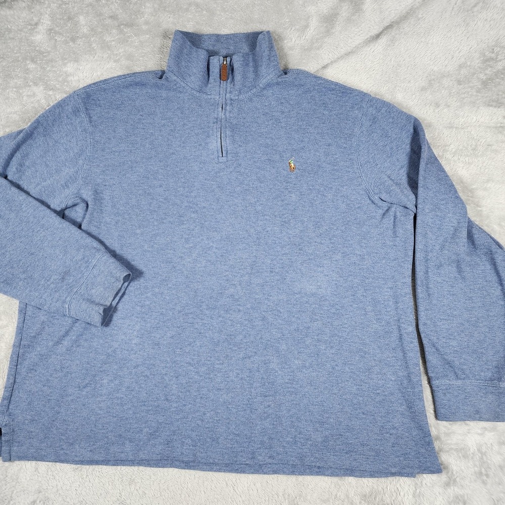 Polo Ralph Lauren Sweater Mens 2XL Heather Blue Estate Rib Quarter Zip Pony Logo